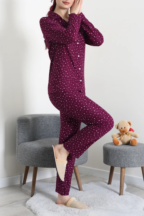 Kadın Mürdüm Süet Düğmeli Pijama Takımı Rahat Kalıp 5