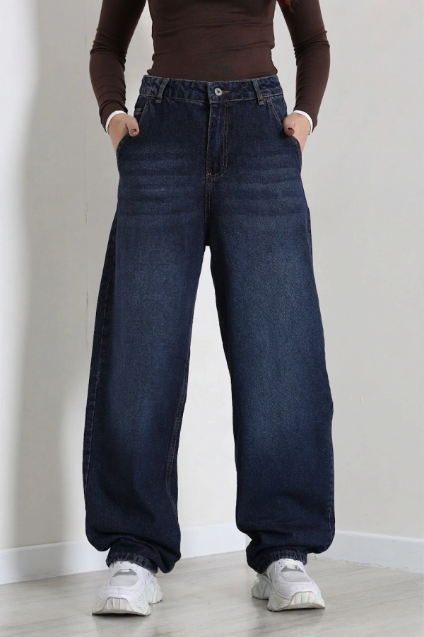 Kadın Lacivert Yüksek Bel Baggy Fit Bol Kesim Kot Pantolon 2