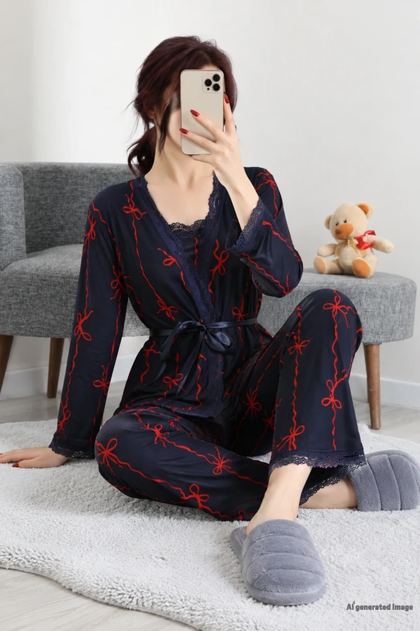 Süet 3'Lü Pijama Set Lacivertkurdele