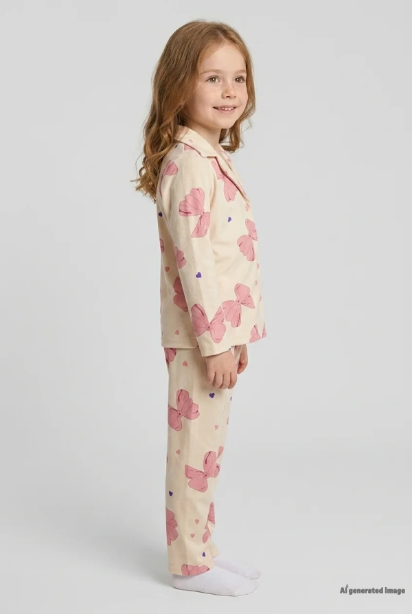 Çocuk Bej Baskılı Süet Düğmeli 5-12 Yaş Pijama Takımı 2