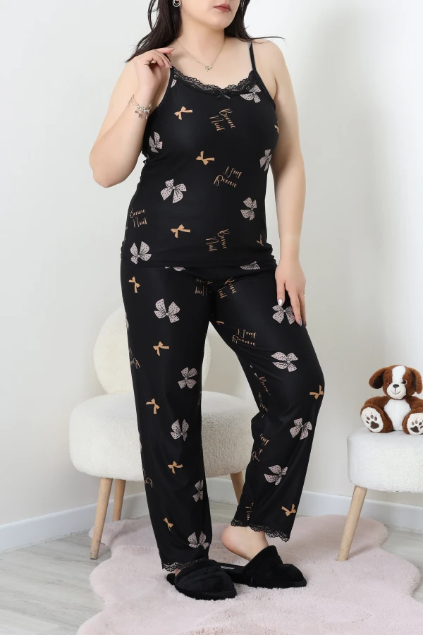Kadın Siyah Bej Süet Büyük Beden 3'lü Pijama Takımı Seti 4