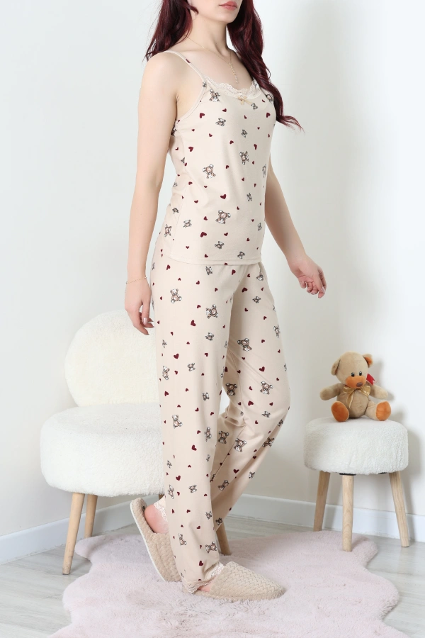 Süet 3'Lü Pijama Set Vizon 2