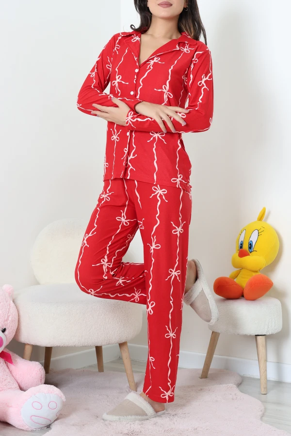 Süet Düğmeli Pijama Takımı Kırmızı 6