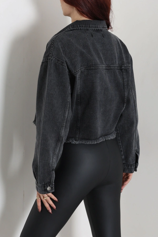 Kadın Füme Crop Kot Ceket Yüksek Bel Kısa Kesim Casual 7