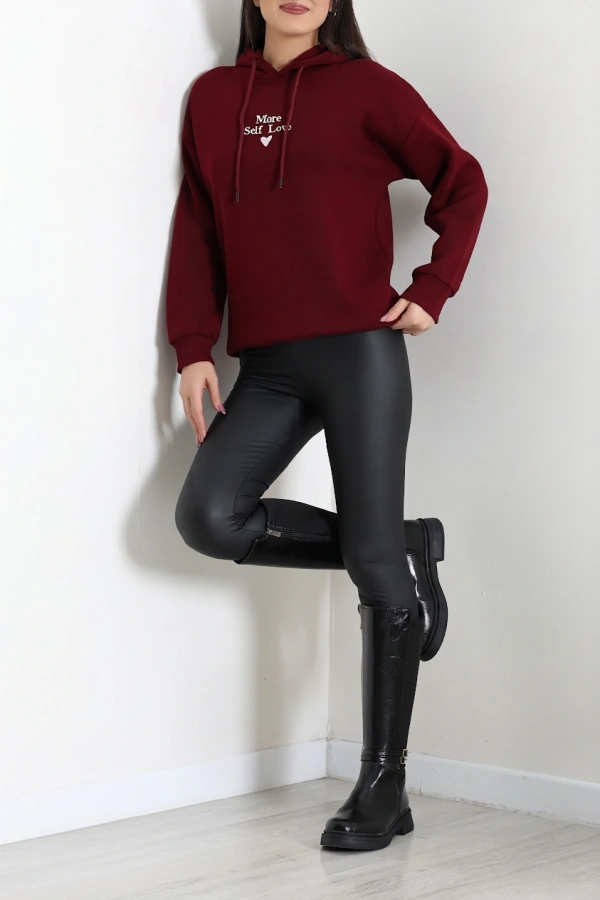Üç İplik Kapşonlu Naskışlı Sweat Bordo 6