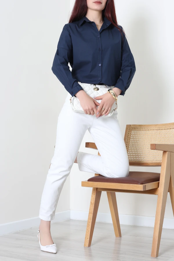 Oversize Poplin Gömlek Lacivert 6