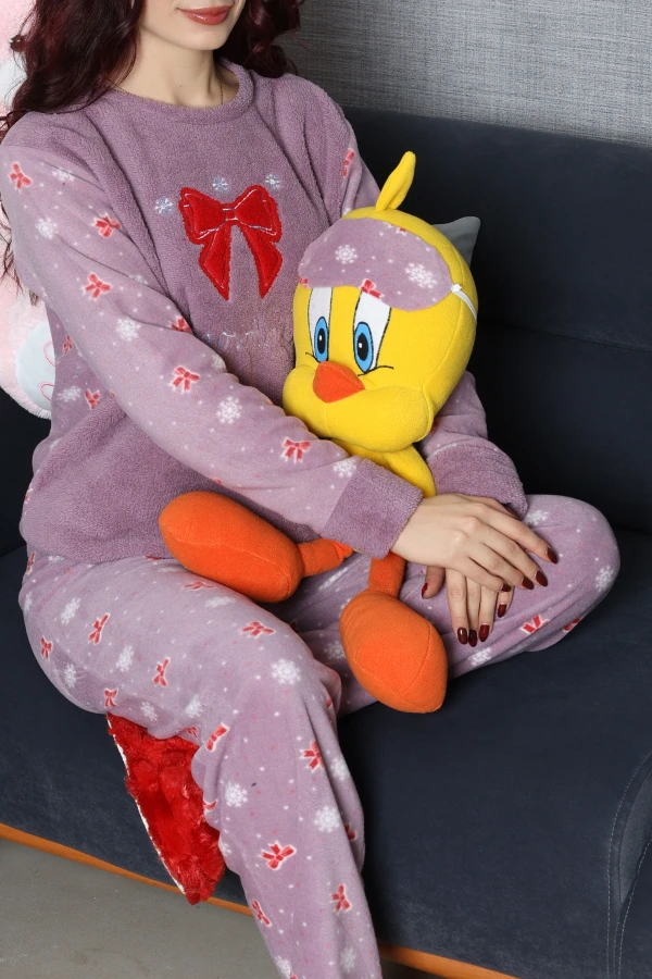 Kadın Koyu Lila Welsoft Pijama Takımı Uzun Kollu Rahat Kalıp 4