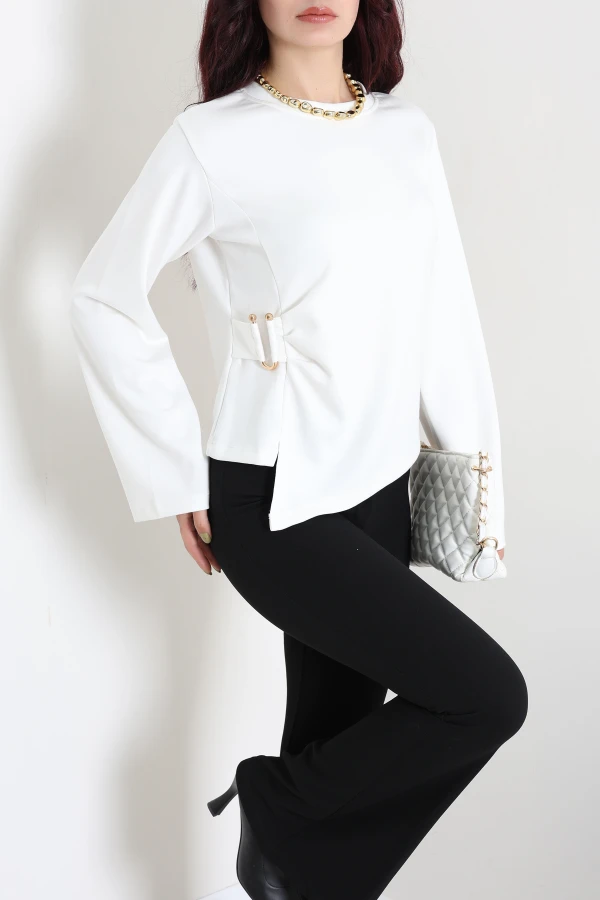 Asimetrik Kimono Kol Modal Bluz Ekru