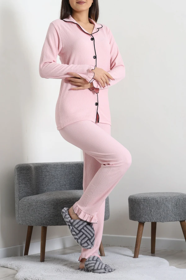 Kadın Pudra Bürümcük Düğmeli Pijama Takımı Rahat Kalıp 3