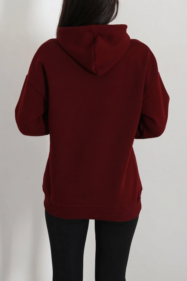 Kadın Bordo Üç İplik Kapüşonlu Baskılı Sweat Tunik 8