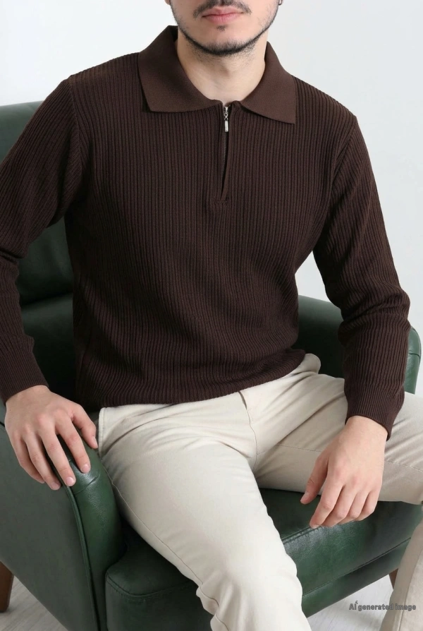 Fermuarlı Polo Yaka Erkek Triko Sweat Kahve