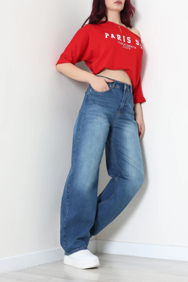 Kadın Mavi Baggy Fit Yüksek Bel Kot Pantolon 6
