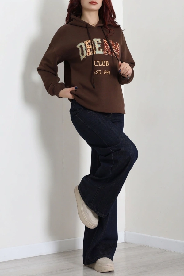 Kadın Kahve Üç İplik Baskılı Kapüşonlu Sweat Tunik 4