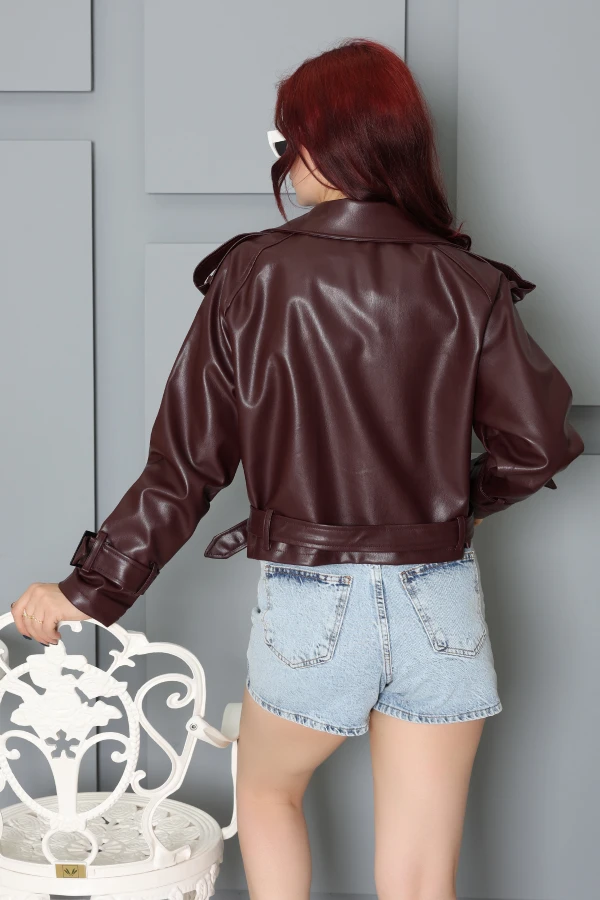 Astarlı Kemerli Deri Ceket Bordo 7