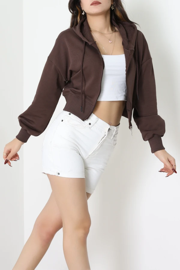 3 İplik Şardonsuz Balon Kol Crop Sweat Açıkkahve