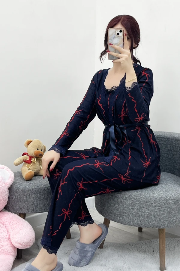 Süet 3'Lü Pijama Set Lacivertkurdele 9