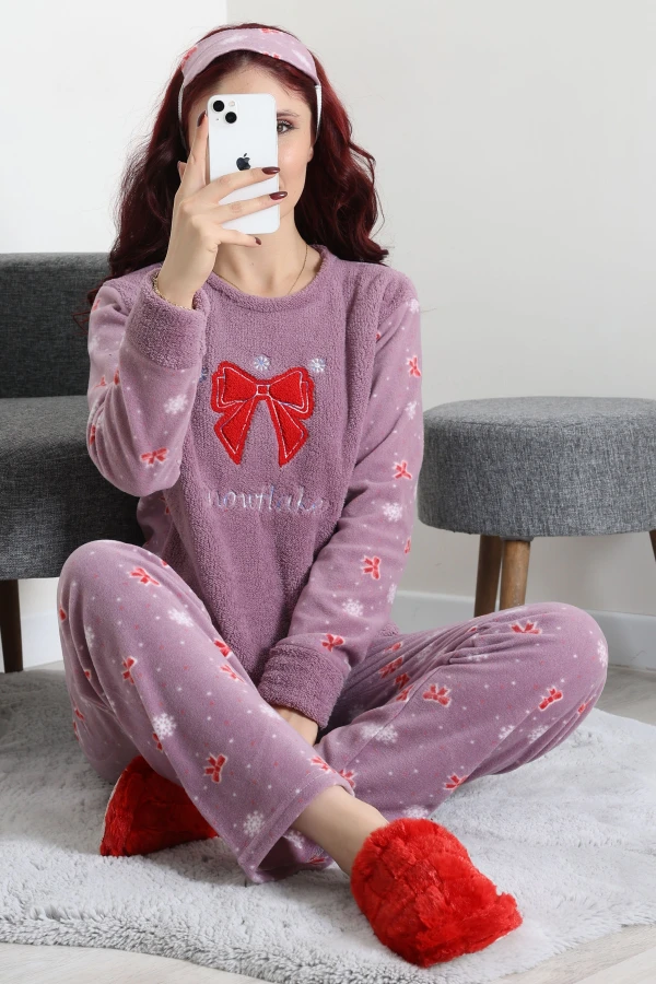 Kadın Koyu Lila Welsoft Pijama Takımı Uzun Kollu Rahat Kalıp
