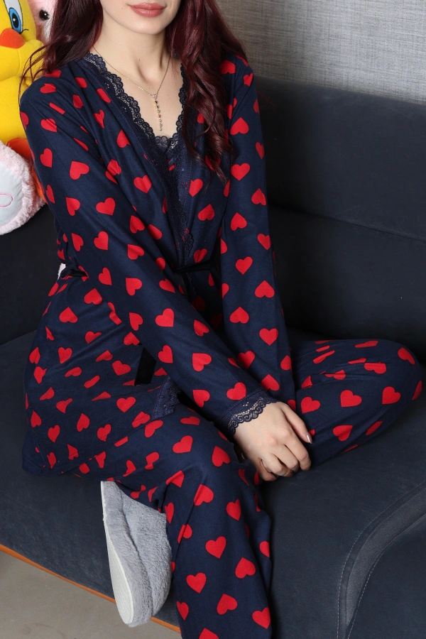 Süet 3'Lü Pijama Set Lacivertkırmızı