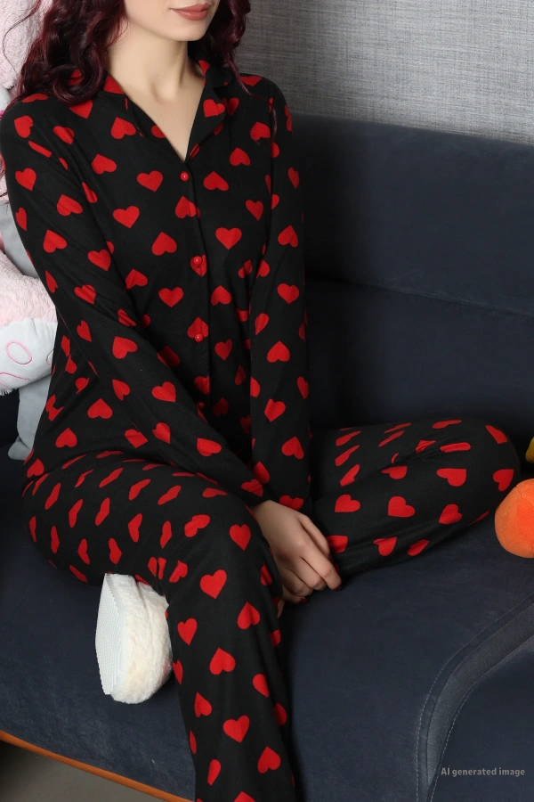 Süet Düğmeli Pijama Takım Siyahkalpli 2