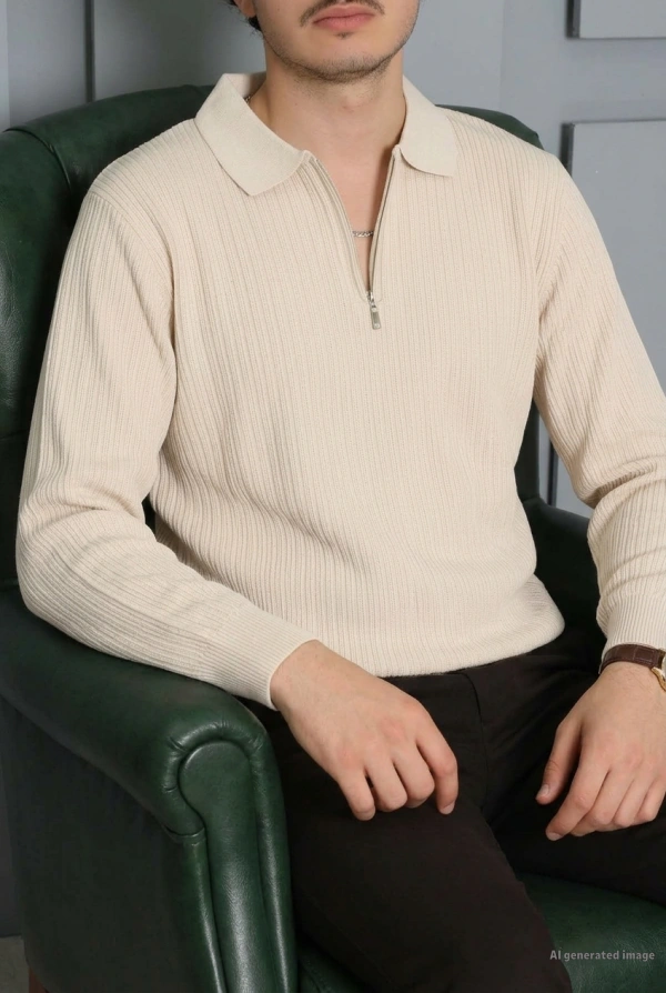 Fermuarlı Polo Yaka Erkek Triko Sweat Taş