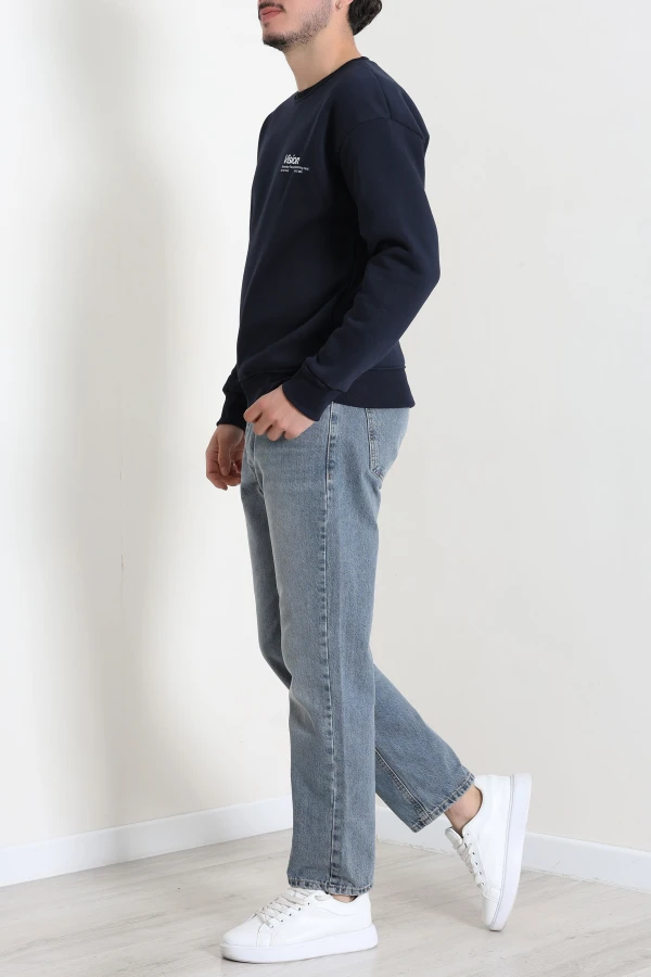 Erkek Lacivert Bisiklet Yaka Baskılı Şardonlu 3 İplik Sweatshirt 6