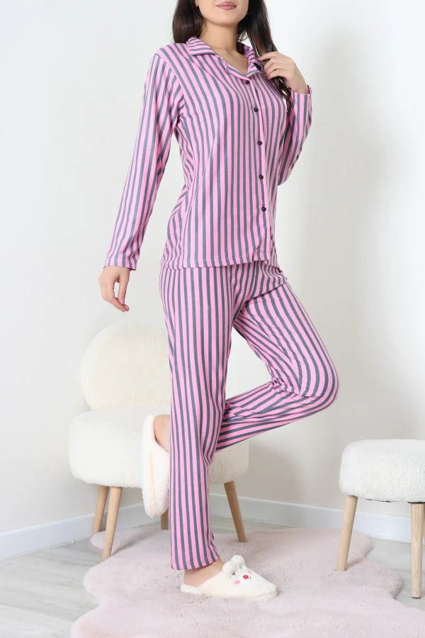 Süet Düğmeli Pijama Takımı Pembefüme 3