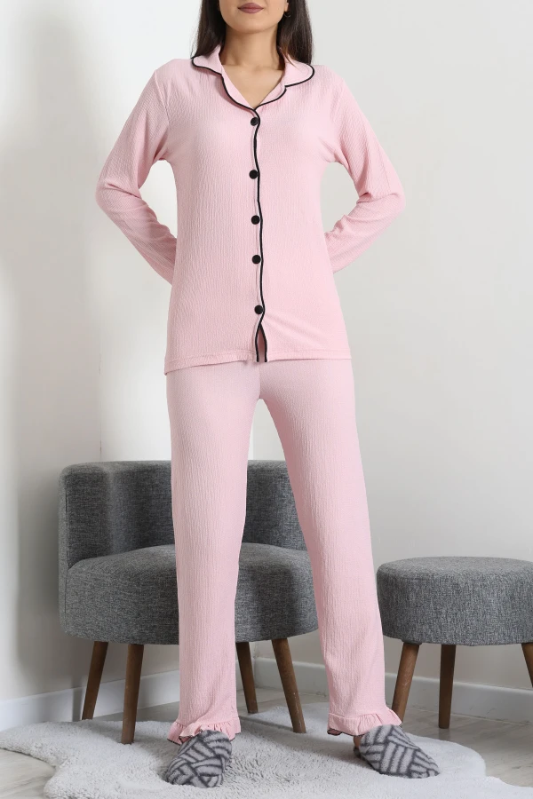 Kadın Pudra Bürümcük Düğmeli Pijama Takımı Rahat Kalıp 2