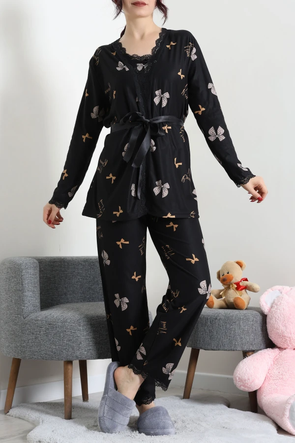 Süet 3'Lü Pijama Set Siyahbej 2