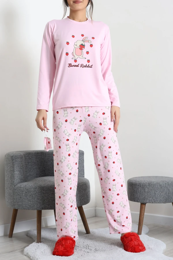 Kadın Pembe Pijama Takımı Rahat Kalıp Pamuklu İkili Takım 5