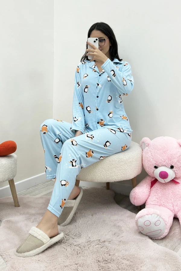 Süet Düğmeli Pijama Takımı Açıkmavi 6