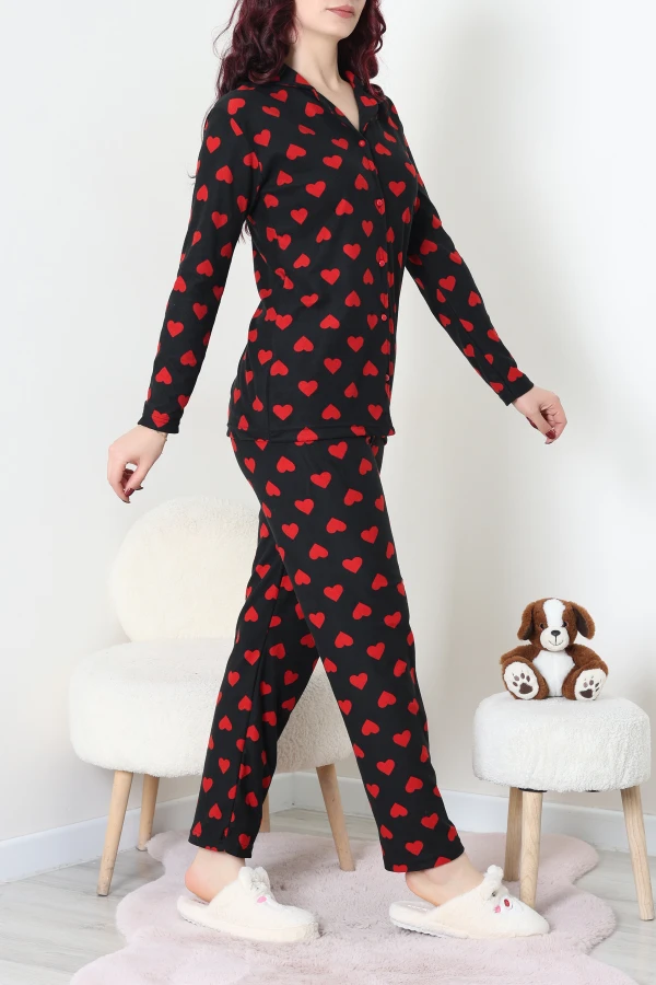 Süet Düğmeli Pijama Takım Siyahkalpli 5
