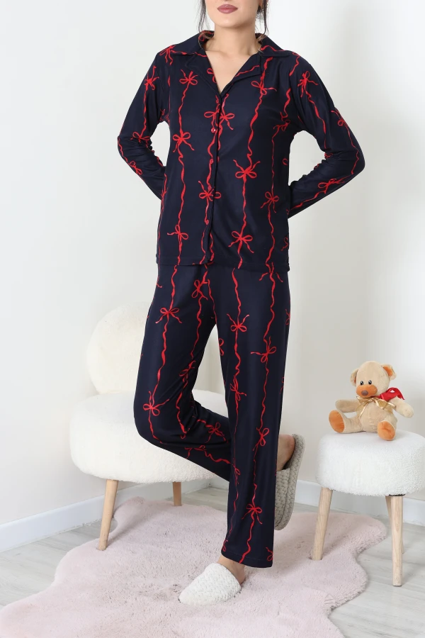 Süet Düğmeli Pijama Takımı Lacivertkırmızı 3