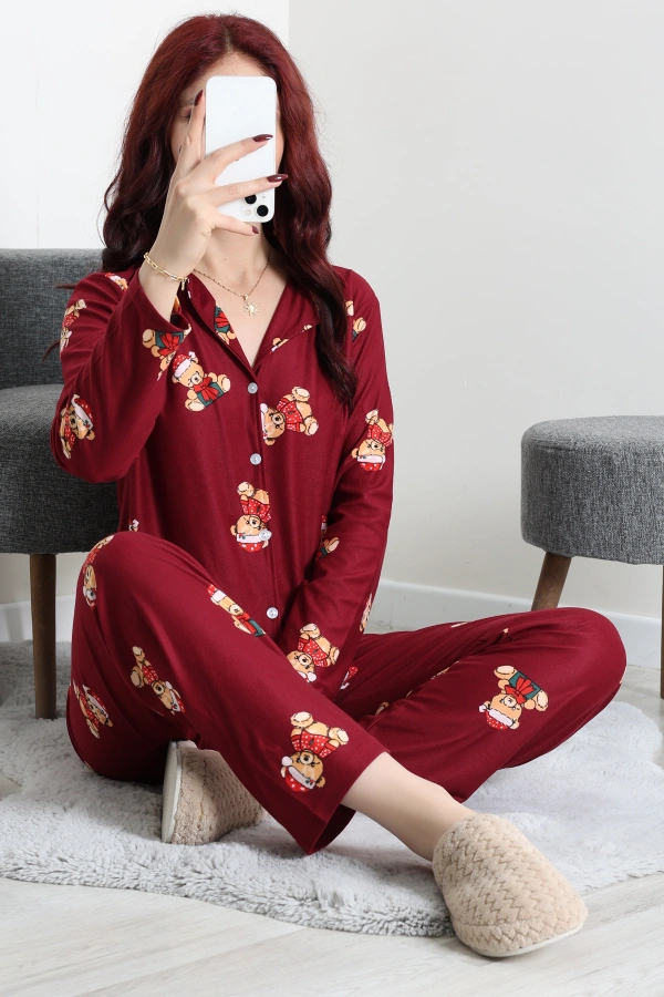 Kadın Bordo Süet Düğmeli Pijama Takımı 4