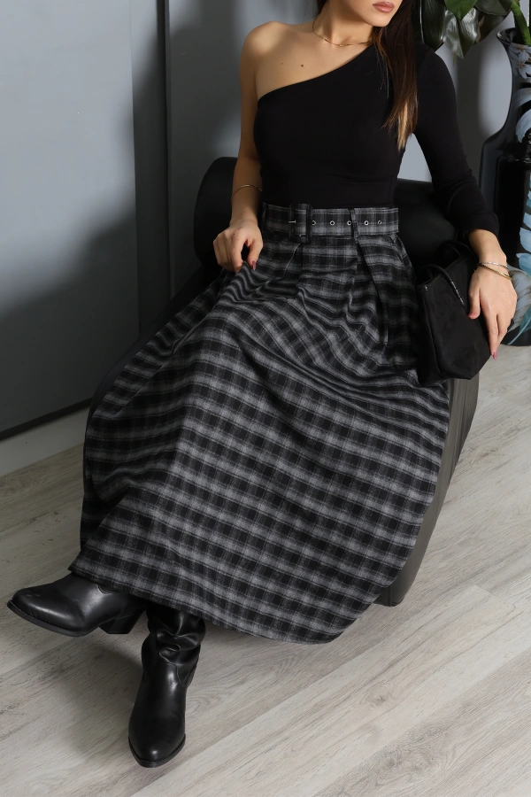 Kadın Gri Ekoseli Kemerli Pileli Midi Etek 2