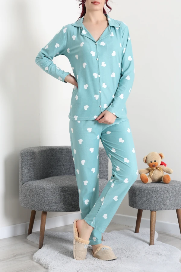 Kadın Mint Yeşili Süet Düğmeli Pijama Takımı 2