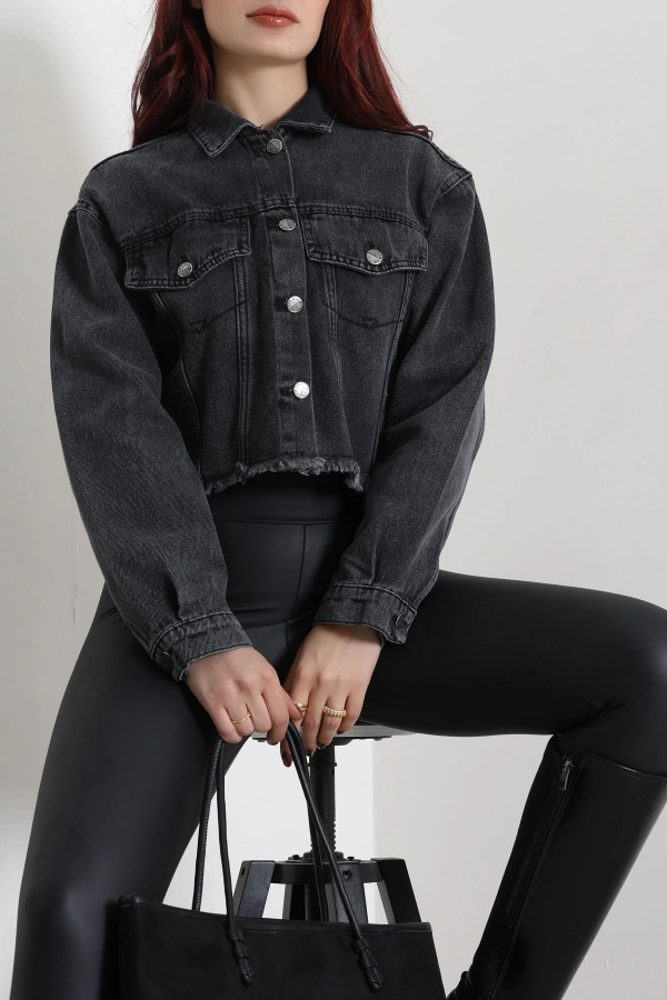 Kadın Füme Crop Kot Ceket Yüksek Bel Kısa Kesim Casual 3