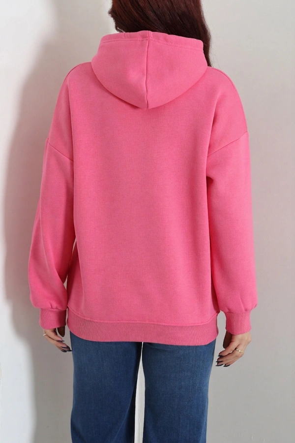 Kadın Pembe Üç İplik Baskılı Kapüşonlu Sweat 8