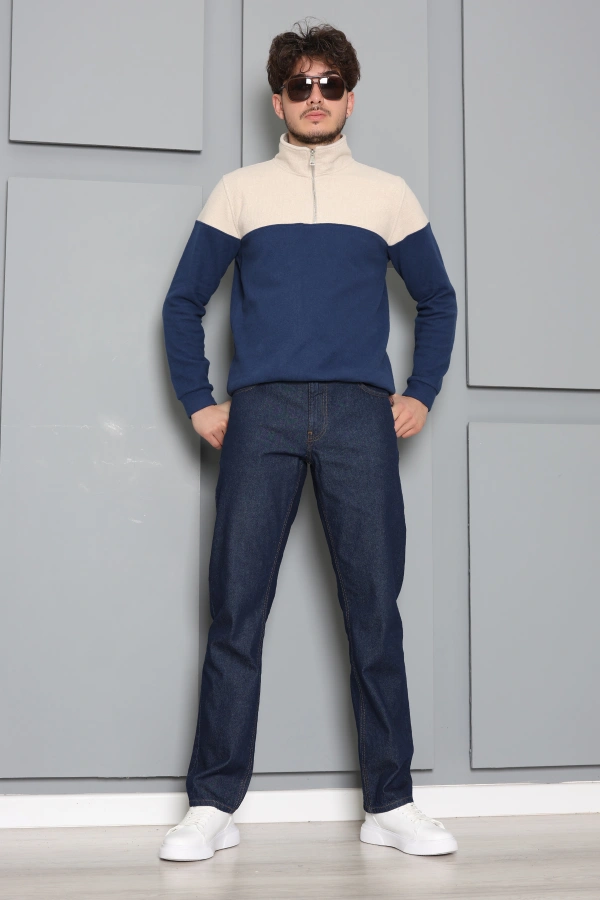 Selanik Yarım Fermuarlı Garnili Erkek Sweat Lacivertbej 2