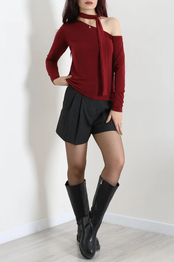 Fularlı Asimetrik Yaka Sandy Bluz Bordo 2