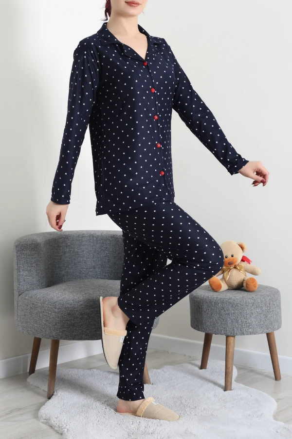 Kadın Lacivert Yıldız Desenli Süet Düğmeli Pijama Takımı 4
