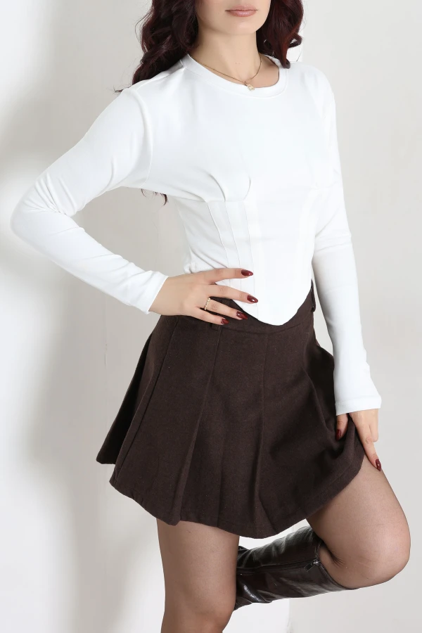 Pileli Modal Crop Bluz Ekru 3