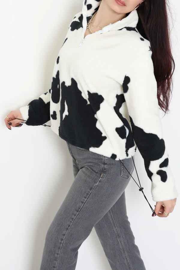 Kadın Ekru Oversize Yarım Fermuarlı Peluş Sweatshirt Tunik 3