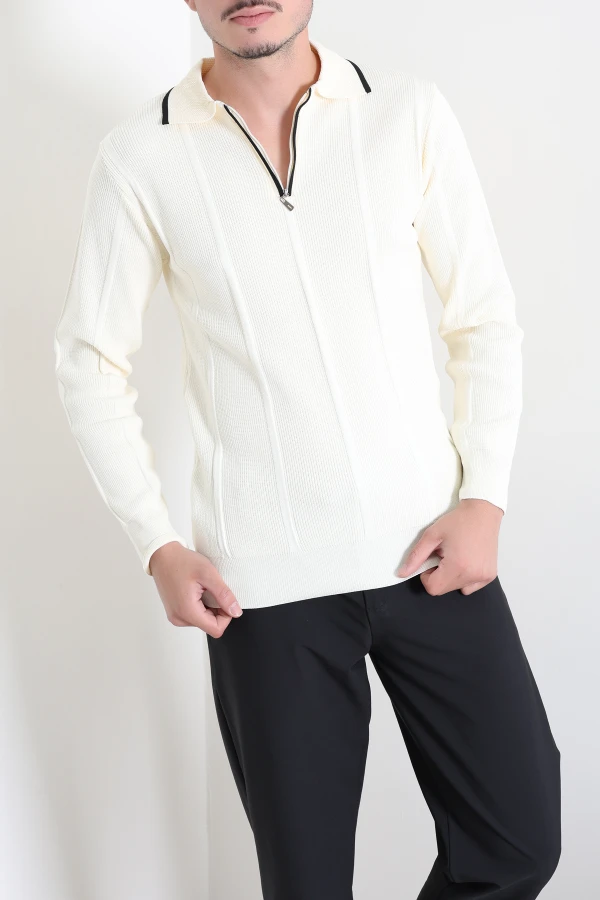 Çizgili Polo Yaka Erkek Triko Sweat Ekru 5