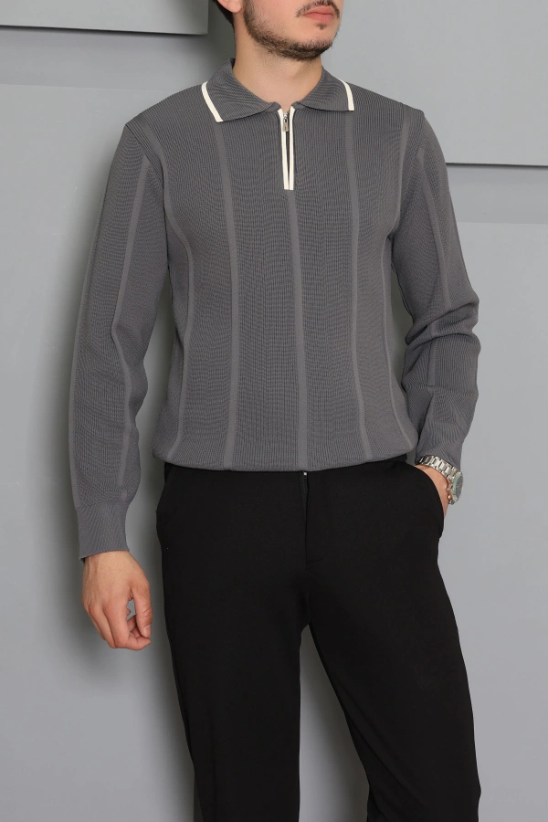 Çizgili Polo Yaka Erkek Triko Sweat Antrasit