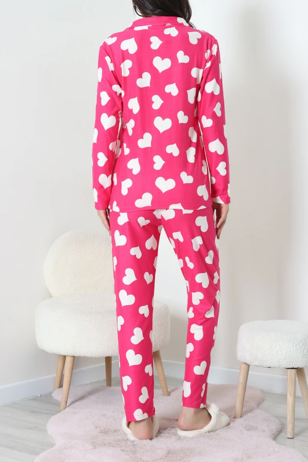 Süet Düğmeli Pijama Takımı Fuşya 7