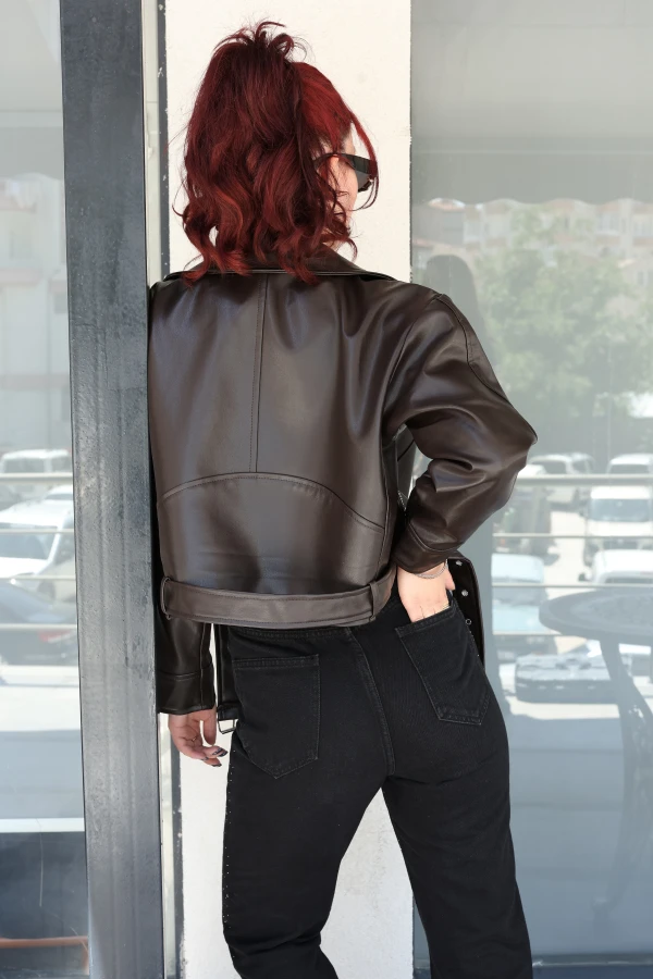 Astarlı Kemerli Deri Ceket Acıkahve 10