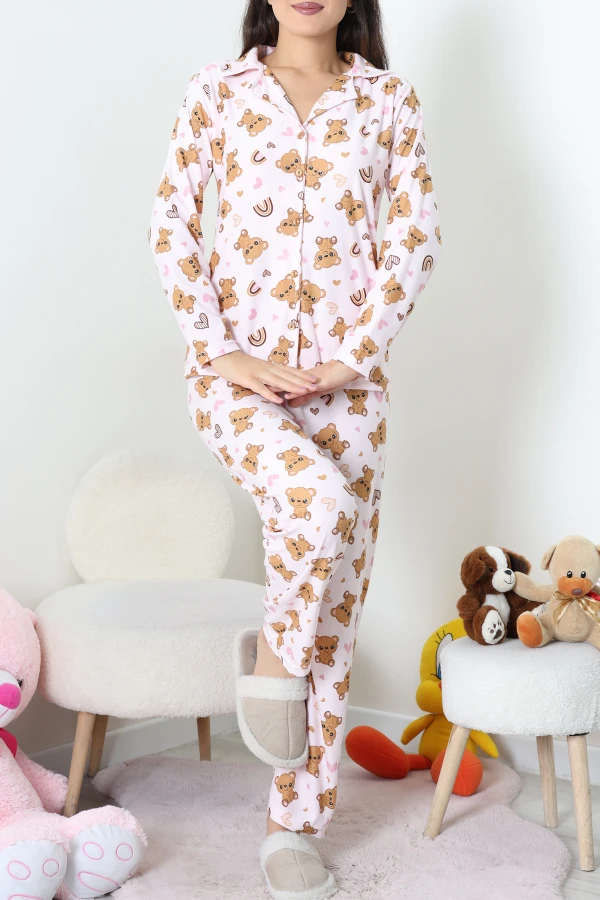 Süet Düğmeli Pijama Takımı Pembekahve 3