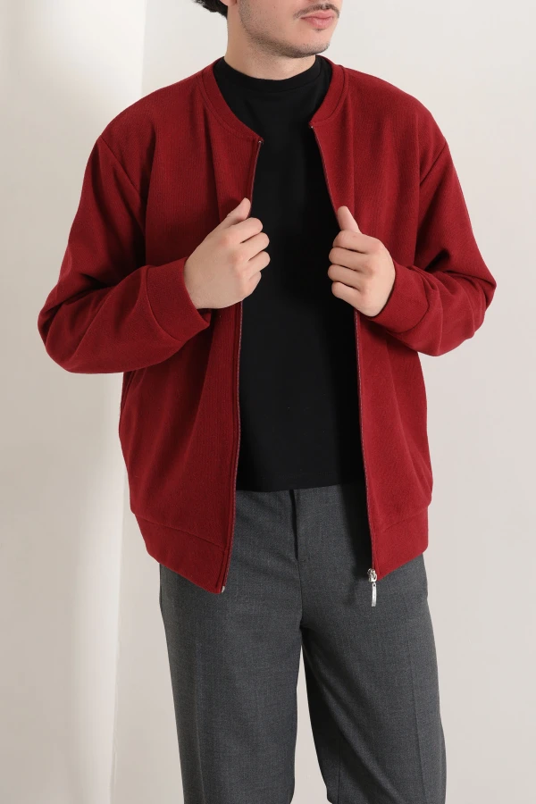 Fermuarlı Selanik Kumaş Erkek Sweat Bordo 3