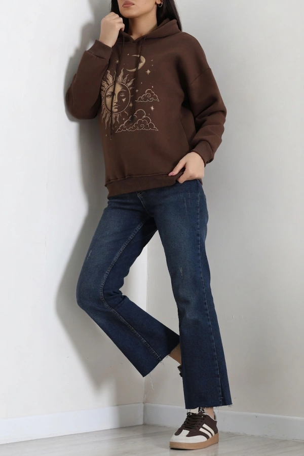 Kadın Kahve Üç İplik Kapüşonlu Baskılı Oversize Sweat 4