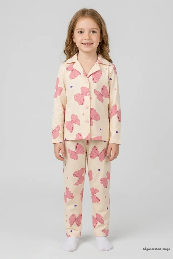 Çocuk Bej Baskılı Süet Düğmeli 5-12 Yaş Pijama Takımı